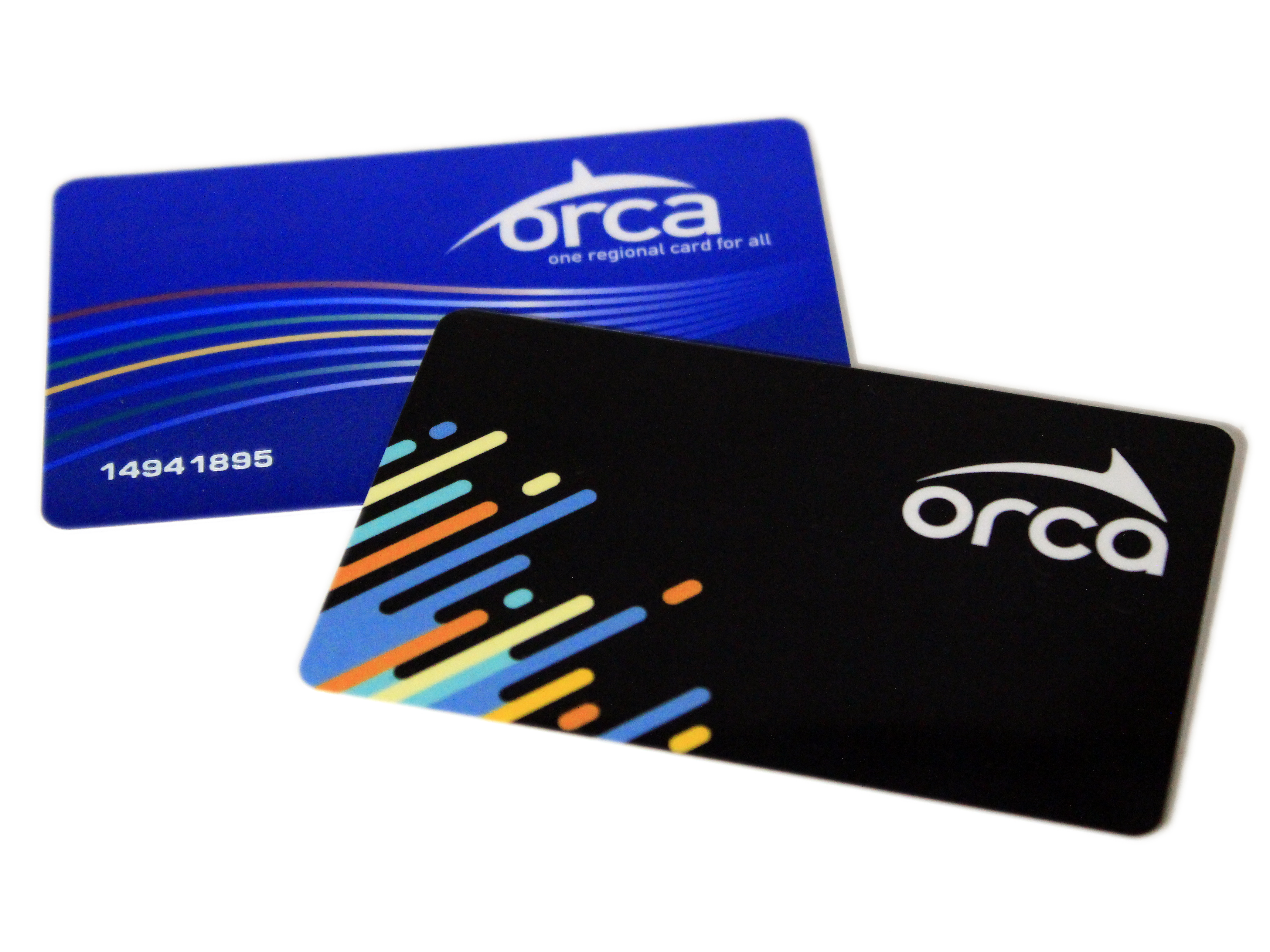Both ORCA card formats. The card on the left is the legacy format, with the 3-digit PIN obscured.